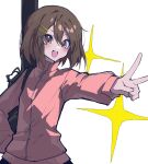  1girl :d absurdres blush bocchi_the_rock! brown_eyes brown_hair cosplay gotoh_hitori gotoh_hitori_(cosplay) hair_ornament hairclip hand_on_own_hip highres hirasawa_yui instrument_case jacket k-on! long_sleeves mentally_deficient open_mouth pink_jacket short_hair simple_background smile solo sparkle teeth track_jacket upper_teeth_only white_background zipper 