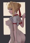  1girl ahoge ass blonde_hair blush breasts closed_mouth fate/grand_order fate_(series) from_behind green_eyes gym_shirt hair_ribbon janoukyo19 large_breasts looking_at_viewer looking_to_the_side nero_claudius_(fate) nipples red_ribbon ribbon shirt short_sleeves solo standing white_shirt 