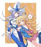  2girls absurdres bare_shoulders blonde_hair blue_footwear blush boots breasts couple dark_magician_girl dress duel_monster gloves grey_hair hair_between_eyes hat highres hip_vent holding large_breasts long_hair looking_at_viewer multiple_girls open_mouth rabbit4037 red_eyes silent_magician smile surcoat white_gloves white_hair witch_hat wizard_hat yu-gi-oh! yuri 