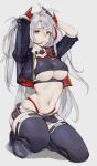  1girl absurdres antenna_hair azur_lane belt breasts clothing_cutout coteri cropped_jacket cropped_shirt earpiece full_body grey_background grey_hair hands_in_own_hair hands_up highleg highleg_panties highres jacket kneeling large_breasts long_hair midriff mouth_hold multicolored_hair navel official_alternate_costume panties panty_straps prinz_eugen_(azur_lane) prinz_eugen_(final_lap)_(azur_lane) purple_jacket race_queen red_hair red_panties simple_background streaked_hair thighhighs two-tone_skirt two_side_up underboob underboob_cutout underwear white_belt 