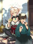  1boy 1girl aged_down asymmetrical_hair black_hair black_hakama black_thighhighs blue_eyes blue_kimono bottle breasts cat cleavage cup earrings fate/grand_order fate/samurai_remnant fate_(series) food food_on_face hakama highres holding holding_cup indian_style japanese_clothes jewelry kimono leaf leaf_earrings loose_kimono magatama magatama_necklace maple_leaf miyamoto_iori_(fate) miyamoto_musashi_(fate) necklace nishimura_eri onigiri pink_hair rice rice_on_face sake_bottle scar scar_on_face single_sidelock sitting sleeping_animal swept_bangs tassel thighhighs topknot wide_ponytail 