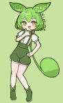  1girl :3 animal_ears artist_name boots commentary green_background green_footwear green_hair green_outline green_shorts light_blush long_hair low_ponytail meringi.exe open_mouth outline puffy_short_sleeves puffy_sleeves shirt short_sleeves shorts sidelocks simple_background smile solo suspenders voicevox white_shirt yellow_eyes zundamon 