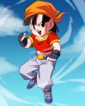  1girl :d bandana black_eyes black_gloves black_hair blue_sky cloud day denim dragon_ball dragon_ball_gt fingerless_gloves flying full_body gloves grey_footwear grey_pants jeans looking_at_viewer midriff navel open_mouth orange_bandana outdoors pan_(dragon_ball) pants red_shirt rom_(20) shirt shoes short_hair short_sleeves sky smile solo 