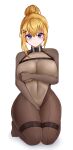  1girl 82jhin absurdres bangs blonde_hair blue_eyes blush bodysuit breasts habetrot_(last_origin) hair_between_eyes hair_bun hair_ornament hairclip highres huge_breasts last_origin leotard navel see-through simple_background skindentation solo white_background wide_hips 