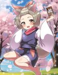  1girl :d absurdres animal_ears ash_blossom_&amp;_joyous_spring bangs_pinned_back barefoot blue_sky brown_eyes brown_hair card cherry_blossoms cloud commentary_request day dog_ears dog_girl dog_tail duel_monster full_body hair_ribbon highres holding holding_card hositoki3129 japanese_clothes kimono long_sleeves looking_at_viewer open_mouth ribbon short_hair sidelocks sky smile solo sparkle tail tree yu-gi-oh! yu-gi-oh!_master_duel 