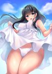  1girl :d bangs bare_arms bare_shoulders black_hair blue_eyes blue_sky breasts clothes_lift cloud commentary_request day dress dress_lift eyebrows_visible_through_hair fang floating_hair from_below highres lifted_by_self long_hair looking_at_viewer mameyarou medium_breasts original outdoors panties sky smile solo underwear very_long_hair white_dress white_panties 