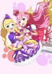  2girls :d blonde_hair blue_eyes blush bow capelet commentary_request crown cure_friendy cure_wonderful dress feet_out_of_frame hat heart highres inukai_iroha inukai_komugi long_hair low_twintails mini_crown mini_hat multicolored_hair multiple_girls pink_background pink_dress pink_hair pleated_dress precure puffy_short_sleeves puffy_sleeves purple_capelet purple_dress purple_eyes short_sleeves smile striped_bow thighhighs tsuyukina_fuzuki twintails two-tone_hair very_long_hair white_headwear white_thighhighs wonderful_precure! wrist_cuffs 