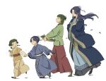  2boys 2girls absurdres basket blunt_bangs bun_cover chinese_clothes crossed_arms dangomochi2 flower green_hair hand_grab hanfu herb highres holding holding_basket jinshi_(kusuriya_no_hitorigoto) kusuriya_no_hitorigoto leaf long_hair maomao_(kusuriya_no_hitorigoto) multiple_boys multiple_girls open_mouth purple_hair walking white_background wide_sleeves 