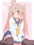  ! 1girl :o ahoge alternate_costume black_thighhighs blue_skirt blush border brown_eyes colored_inner_hair commentary grey_hair hair_between_eyes head_tilt highres long_hair long_sleeves looking_at_viewer multicolored_hair necktie onii-chan_wa_oshimai! open_mouth outline outside_border oyama_mahiro pink_background pink_hair pleated_skirt school_uniform serafuku simple_background sitting skirt solo thighhighs twintails two-tone_hair unkimo wariza white_border white_outline yellow_necktie zettai_ryouiki 