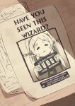  1girl =_= absurdres crossover elf english_text frieren harry_potter_(series) highres holding holding_sign kaai_yuu long_hair monochrome pointy_ears poster_(object) sign solo sousou_no_frieren sweatdrop wanted wizarding_world 