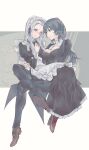  2girls absurdres alternate_costume apron breasts butler byleth_(fire_emblem) byleth_(fire_emblem)_(female) edelgard_von_hresvelg embarrassed fire_emblem fire_emblem:_three_houses fire_emblem_heroes formal highres maid maid_apron maid_headdress multiple_girls open_mouth silver_hair sitting sitting_on_lap sitting_on_person smile suit user_cwwh3722 