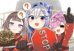  3girls :&gt; :3 :d =_= ? ahoge amane_kanata animal_hair_ornament anya_melfissa arm_up artist_name beehive black_gloves blonde_hair bloom blue_eyes blue_hair blunt_bangs blush blush_stickers brown_hair center-flap_bangs chest_strap chibi closed_eyes closed_mouth colored_inner_hair commentary_request crossed_bangs diagonal_bangs double-parted_bangs eyewear_on_head fence gloves grey_hair hair_between_eyes hair_ornament hair_over_one_eye hairclip halo heart heart-shaped_eyewear himemori_luna holding holding_beehive holding_sign hololive hololive_indonesia honeycomb_(object) jumpsuit lethal_company looking_at_viewer looking_to_the_side medium_hair multicolored_hair multiple_girls multiple_hairpins one_eye_covered open_mouth orange_jumpsuit outline outstretched_arm ouya_(maboroshimori) pink_hair pointing purple_eyes road_sign short_hair shoulder_strap sidelocks sideways_glance sign signature single_hair_intake smile sparkle speech_bubble spoken_question_mark star_halo stop_sign straight-on streaked_hair swept_bangs two-tone_eyes two-tone_hair upper_body virtual_youtuber white_outline x_hair_ornament x_x 