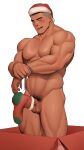  1boy bara blush box christmas completely_nude erection facial_hair happy hat highres in_box in_container kansuke_(kansuke_717) large_pectorals male_focus male_pubic_hair mature_male muscular muscular_male nude original pectorals pubic_hair red_headwear ribbon santa_costume santa_hat short_hair sideburns_stubble smile sock_on_penis socks solo standing stubble sweatdrop thick_eyebrows thick_thighs thighs 