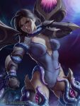  1girl black_gloves breasts clenched_hand collarbone cowboy_shot gloves grey_leotard hand_up highres kai&#039;sa large_breasts league_of_legends legs_apart leotard monster purple_background restrained solo starry_background teeth tentacles themaestronoob web_address wings 