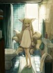  1girl alternate_costume animal_ears arknights barefoot bathroom blonde_hair closed_mouth collarbone colored_tips commentary cup dress fox_ears fox_girl fox_tail full_body green_eyes gumiaoandpeace hair_between_eyes highres holding holding_cup holding_toothbrush indoors infection_monitor_(arknights) kitsune kyuubi long_hair looking_at_viewer multicolored_hair multiple_tails oripathy_lesion_(arknights) romaji_commentary short_dress solo standing sundress suzuran_(arknights) tail toes toothbrush two-tone_hair white_dress white_hair 