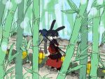  1girl animal_ears artist_request bamboo bamboo_forest blurry bokeh character_request closed_mouth copyright_request depth_of_field expressionless forest grey_eyes hammer holding holding_hammer lantern nature oekaki path rabbit_ears short_hair sketch solo walking white_hair 
