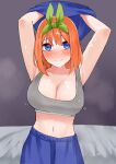  1girl amog armpits arms_up blue_eyes blue_pants blue_shirt blush breasts cleavage closed_mouth go-toubun_no_hanayome green_ribbon grey_sports_bra hair_between_eyes hair_ribbon highres looking_at_viewer nakano_yotsuba navel orange_hair pants ribbon shirt solo sports_bra standing sweat undressing 