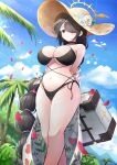  1girl absurdres beach bikini black_bikini black_hair blue_archive blush breasts drawing_rak earrings flower hair_over_one_eye hat hat_flower highres hinata_(blue_archive) hinata_(swimsuit)_(blue_archive) jewelry large_breasts long_hair navel palm_tree petals red_eyes single_earring suitcase sun_hat swimsuit tree very_long_hair wind 