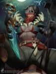 1boy 1girl belt black_gloves black_hair black_pants bone breasts brown_belt bulge dark-skinned_female dark_skin fingerless_gloves gloves glowing glowing_eyes green_eyes highres holding holding_knife knife large_breasts league_of_legends long_hair mask moon mouth_mask pants pyke_(league_of_legends) red_mask rope ship striped_clothes striped_pants themaestronoob watercraft 