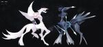  artist_name black_background black_sclera blue_skin claws colored_sclera colored_skin commentary dialga dialga_(origin) highres hooves horns kamikiririp no_humans palkia palkia_(origin) pokemon pokemon_(creature) red_eyes spikes symbol-only_commentary tail twitter_username white_skin wings 