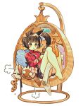  1girl animal_ears bag barefoot black_hair black_shorts cake cat_ears cat_tail final_fantasy final_fantasy_xiv food hanging_chair holding jacket knees_up map musical_note pillow red_jacket short_hair shorts simple_background sitting solo sumachii tail toes white_background 