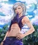  1girl abs armpits blue_eyes blue_sky braid cloud cloudy_sky dripping elvira_(gumbat) from_below god_eater grey_hair gumbat highres light_particles mouth_hold muscular muscular_female navel original ponytail purple_shorts purple_tank_top shirt_in_mouth shorts signature sky sweat sweating_profusely tank_top tree wet 
