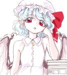  1girl adapted_costume bare_shoulders bat_wings blue_hair bow collared_shirt commentary_request elbow_on_table eyelashes frilled_shirt_collar frills hat hat_bow head_rest lips looking_at_viewer mob_cap parted_lips pink_headwear pink_shirt pointy_ears red_bow red_eyes remilia_scarlet s-a-murai shirt short_hair sleeveless sleeveless_shirt solo table touhou upper_body wavy_hair white_background wings 