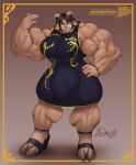 anthro asian_clothing big_muscles bovid brown_hair caprine chinese_clothing chinese_dress clothing dress east_asian_clothing flexing flexing_bicep goat hair hi_res hooves horn huge_muscles humanoid hyper hyper_muscles intersex mammal muscular yellow_eyes
