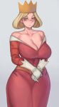  1girl absurdres bare_shoulders blonde_hair blue_eyes breasts cleavage cleavage_cutout closed_mouth clothing_cutout crown dress expressionless gloves grey_background highres kelvin_hiu large_breasts long_nose looking_at_viewer mature_female ousama_ranking pointy_nose queen queen_hilling red_dress short_hair simple_background solo standing white_gloves 