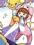 1girl :d animal_costume animal_ears animal_hood audience black_eyes blush brown_hair commentary fake_animal_ears fake_tail gloves highres hood idol_(rhythm_tengoku) looking_at_another microphone monkey_(rhythm_tengoku) music open_mouth pointing rhythm_tengoku singing smile sparkle sparkling_eyes stage tail tory 