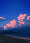  alu.m_(alpcmas) beach blue_sky cloud evening highres moon mountain no_humans ocean original outdoors sand scenery signature sky water 