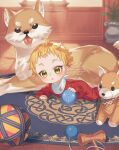  1boy :o aged_down ahoge artist_name asa_no_ha_(pattern) baby ball bandana bib blonde_hair blurry blurry_background blush commentary dog english_commentary ethylene_ty genshin_impact green_eyes highres indoors kanoko_(pattern) kendama light_particles long_sleeves looking_at_viewer lying male_focus on_floor on_stomach onesie open_mouth pajamas paw_print plant potted_plant red_bandana red_pajamas rug shiba_inu short_hair solo stuffed_animal stuffed_dog stuffed_toy temari_ball thoma_(genshin_impact) tongue tongue_out twitter_username vase window wooden_floor 