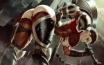  1girl armor ass axe bent_over bottomless breasts breasts_out brown_hair darius_(league_of_legends) elbow_gloves english_commentary feet_out_of_frame gauntlets genderswap genderswap_(mtf) gloves hanging_breasts highres holding holding_weapon large_breasts league_of_legends light_smile lips looking_at_viewer mole mole_above_mouth nipples nose panties pauldrons red_eyes red_panties red_thighhighs sash short_hair shoulder_armor solo themaestronoob thick_thighs thigh_armor thighhighs thighs uncensored underbust underwear very_short_hair weapon 