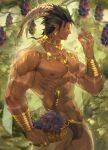  1boy abs armband bara collar ear_piercing earrings food forest fruit fundoshi grapes highres horns japanese_clothes jewelry knife large_pectorals leaf long_sideburns male_focus manly muscular muscular_male nature navel navel_hair nikism nipples original ornament pectoral_cleavage pectorals piercing pointy_ears ring scar scar_on_face sideburns solo tattoo thick_arms veins 