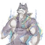  abs angry anthro biceps blue_eyes canid canine clothing fox fur grey_body grey_fur hi_res lifewonders live-a-hero male mammal mask muscular muscular_anthro muscular_male pecs phantom_thief snarling solo torn_clothing video_games vulpecula yunu38 