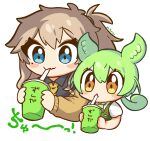  2girls :3 artist_name black_shirt blue_eyes blush_stickers brown_cardigan brown_hair cardigan chibi commentary_request cropped_torso drink drinking drinking_straw drinking_straw_in_mouth fang green_hair green_overalls highres holding holding_drink kasukabe_tsumugi long_hair long_sleeves low_ponytail micchan_(bonyu0430) multiple_girls necktie one_side_up open_cardigan open_clothes shirt short_sleeves side-by-side simple_background skin_fang smile thick_eyelashes upper_body voicevox white_shirt yellow_eyes yellow_necktie zundamon 