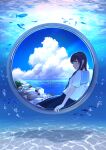  1girl absurdres black_hair blue_eyes blue_necktie blue_skirt blue_sky bubble cloud cumulonimbus_cloud english_commentary fish highres house long_hair looking_at_viewer nap_on_a_cloud necktie ocean original porthole school_uniform serafuku shirt sitting skirt sky solo summer town underwater white_shirt 