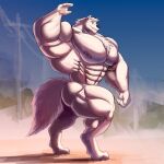 1:1 5_fingers abs anthro biceps big_abs big_biceps big_muscles big_pecs big_quads biped black_nose butt canid canine canis chest_tuft digital_media_(artwork) digitigrade fingers fur hair hi_res huge_biceps huge_muscles huge_pecs looking_at_viewer male mammal mervyn_(messu) muscular muscular_anthro muscular_male navel nude outside pecs silver-stag simple_background smile solo tail tuft walking white_body white_fur wolf
