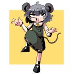  1girl absurdres ahoge animal_ear_fluff animal_ears blush_stickers commentary_request cookie_(touhou) crystal full_body grey_footwear grey_hair grey_skirt grey_vest hair_between_eyes highres jewelry long_sleeves medium_bangs mouse_ears mouse_girl mouse_tail nazrin nyon_(cookie) open_mouth pendant red_eyes shirt shoes short_hair simple_background skirt skirt_set smile socks solo sznkrs tail teeth touhou two-tone_background upper_teeth_only upturned_eyes vest w white_background white_shirt white_socks yellow_background 