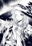  1girl absurdres cape closed_mouth cryokinesis dress elden_ring extra_arms greyscale hands_up hat highres kyohei_inoue long_hair long_sleeves monochrome one_eye_closed ranni_the_witch solo upper_body witch_hat 