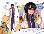  ? absurdres alternate_costume black_hair blank_speech_bubble blue_eyes blue_neckerchief blunt_bangs coat collar crying hand_up hands_in_pockets high_collar highres long_nose long_sleeves multiple_views neckerchief nico_robin one_piece open_clothes open_coat pants purple_pants purple_shirt shirt smile speech_bubble sunglasses usopp waving white_coat zhoujo51 