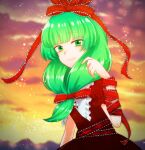  1girl arm_ribbon blurry blurry_background bow front_ponytail green_eyes green_hair hair_bow hair_ribbon highres kagiyama_hina looking_at_viewer maruboshi_urume outdoors red_bow red_ribbon ribbon smile solo touhou upper_body 