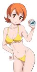  1girl bikini breasts brown_eyes collarbone digimon digimon_adventure digivice flipped_hair hand_on_own_hip highres holding looking_at_viewer navel orange_hair pabsmikan short_hair simple_background small_breasts solo swimsuit takenouchi_sora white_background yellow_bikini 
