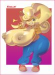  absurd_res activision anthro areola bandicoot big_breasts bottomwear breasts clothed clothing coco_bandicoot crash_bandicoot_(series) female gesture hi_res huge_breasts mammal marsupial negullust nipples pants solo topless v_sign video_games 