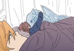  2boys 500_dollar_four_foot_tall_mareep_(meme) alternate_costume bedroom black_eyes blonde_hair blue-eyes_white_dragon blue_shirt brown_hair duel_monster expressionless facing_away head_on_pillow hugging_doll hugging_object implied_yaoi indoors jitome jounouchi_katsuya kaiba_seto male_focus meme monochrome_background multiple_boys ppo0ot shirt short_hair stuffed_animal stuffed_toy under_covers yu-gi-oh! yu-gi-oh!_duel_monsters 