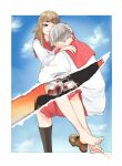  1boy 1girl :3 amputee arms_around_waist bandages barefoot blood blood_on_bandages blue_sky border bowl_cut brown_footwear brown_hair cloud cloud_background couple eveyeil feet grey_hair hand_on_another&#039;s_head hetero highres intravenous_drip legs long_sleeves mimihime_(tengoku_daimakyou) on_lap one_eye_closed outside_border red_shorts sailor_collar school_uniform shiro_(tengoku_daimakyou) shirt shoes shorts sky suit tengoku_daimakyou toes white_border white_shirt 