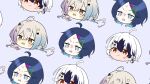  3girls @_@ ahoge anger_vein artist_self-insert black_hair blue_background blue_eyes blue_hair braid brown_eyes chibi closed_mouth commentary_request gradient_hair hair_between_eyes hair_ornament head_only highres indie_virtual_youtuber kashikaze_(vtuber) light_blue_hair multicolored_hair multiple_girls nervous_sweating open_mouth orange_eyes original pout purple_hair rabbit_hair_ornament side_braid simple_background sweat two-tone_hair wavy_mouth white_hair yuama_(drop) 