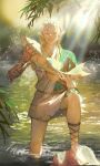  1boy :d animal archaic_set_(zelda) blonde_hair closed_eyes earrings fish highres holding holding_animal holding_fish jewelry light_rays link medium_hair nature open_mouth pointy_ears pond sandals smile solo stepping sunlight the_legend_of_zelda the_legend_of_zelda:_tears_of_the_kingdom tunic wading yanyilan 