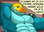 abs anthro bedroom_eyes biceps big_muscles black_text blue_body blue_scales brown_body brown_scales collared_lizard common_collared_lizard countershade_torso countershading dialogue digital_drawing_(artwork) digital_media_(artwork) dutch_text green_body green_eyes green_scales hand_behind_head hi_res highlights_(coloring) lizard looking_at_viewer male markings monroe_lehner monroethelizard multicolored_body multicolored_scales muscular muscular_anthro muscular_male narrowed_eyes no_pupils orange_body orange_scales pecs question question_mark red_background reptile scales scalie seductive serratus shaded signature simple_background solo spots spotted_markings striped_markings stripes text translated triceps yellow_body yellow_scales
