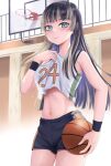  1girl ball basket basketball_(object) basketball_court basketball_hoop basketball_uniform black_hair black_shorts blue_eyes blunt_bangs breasts commentary grey_hair highres holding holding_basket hololive hololive_dev_is juufuutei_raden medium_breasts navel number_print shirt shorts sidelocks solo sportswear virtual_youtuber white_shirt zerohachi 